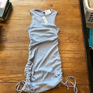 rouched blue mini dress